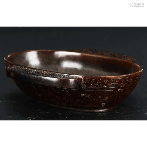 CHINESE ARCHAIC JADE TWIN EAR BOWL