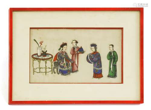 A Chinese pith paper painting, 19th century, painted with a court lady greeting another in a ...