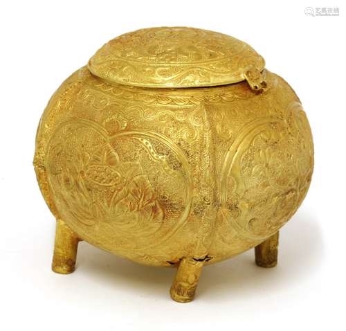 A Chinese gold box and cover, of globular form on four cylindrical feet, decorated with mandarin ...