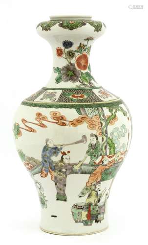 A Chinese famille verte vase, late Qing dynasty, of baluster form, painted with boys playing ...