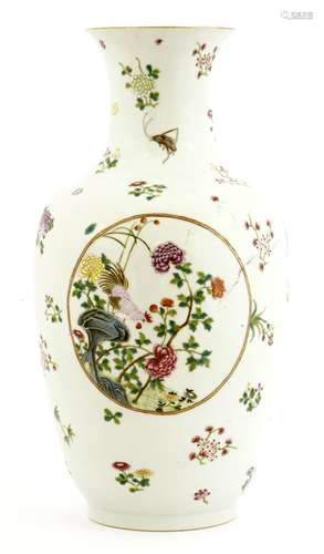 A Chinese famille rose vase, 20th century, painted with cockerels and pheasants standing on rocks ...