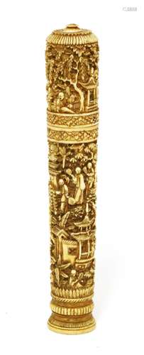 A Chinese ivory bodkin holder, late 19th century, carved with figures amongst buildings and trees ...