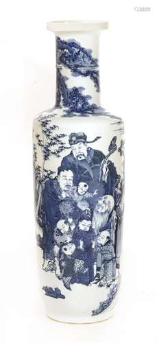 A Chinese blue and white vase, 19th century, of rouleau form, painted with Fu, Lu and Shou ...