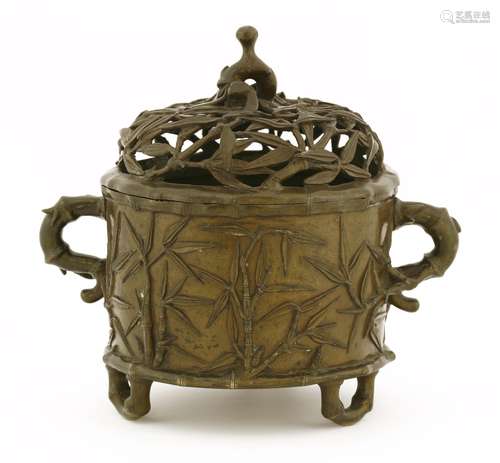 A Chinese bronze incense burner, 17th/18th century, of bamboo design with three loop bamboo feet ...