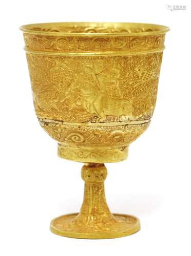 A Chinese gold stem cup, of tapering cylindrical form on a flared short foot, decorated with a ...