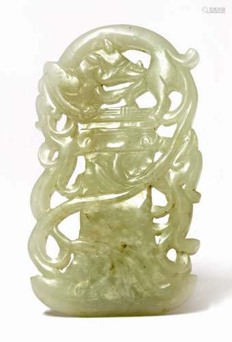 A Chinese jade plaque, early Qing dynasty, pierced and carved with a chilong over an archaic axe, ...