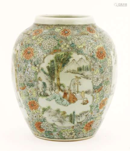 A Chinese Canton enamelled jar, Republic period (1912-1949), painted with scholars and figures in a ...