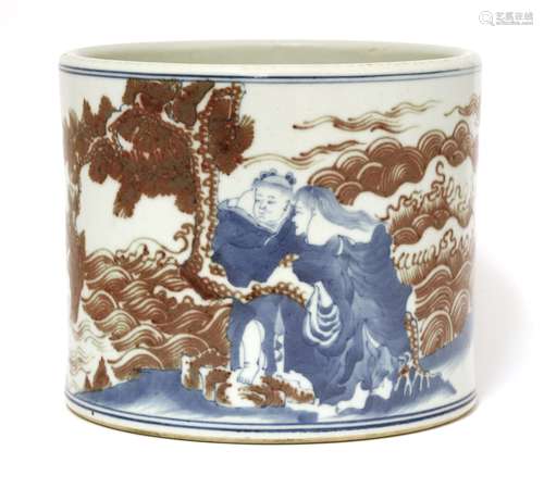 A Chinese blue and white brush pot, painted with four figures in blue beside a pine tree and waves ...