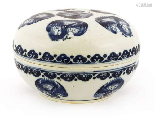 A Chinese blue and white box and cover, early 20th century, of circular form, painted with roundels ...