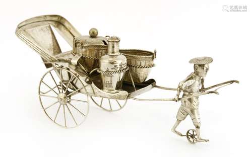 A Chinese export silver condiment set, early 20th century, of a man pulling a rickshaw with a salt, ...