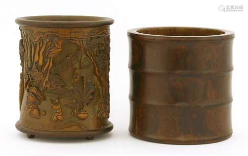 A Chinese wood bitong, of cylindrical form simulating bamboo, 14.7cm high, and a bamboo brush pot, ...