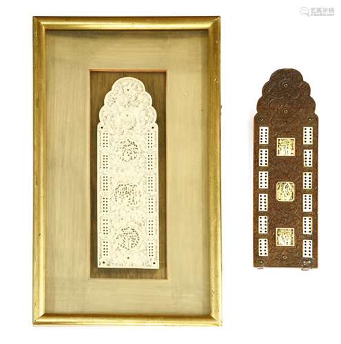 Two Chinese cribbage boards, late 19th century, one in sandalwood carved with scrolling flowers, ...