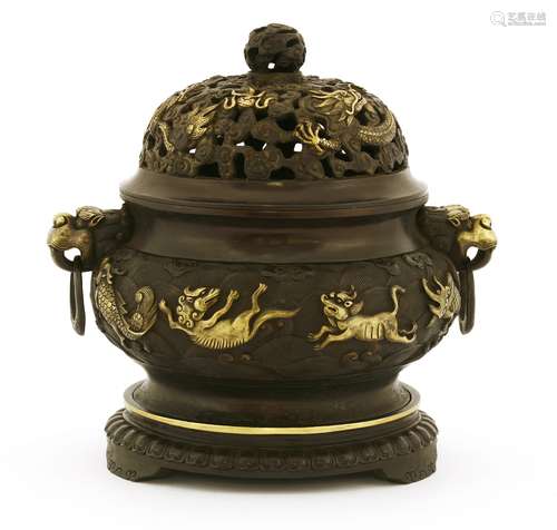 A Chinese bronze incense burner, Kangxi or later, of squat form with a splayed mouth and foot, ...