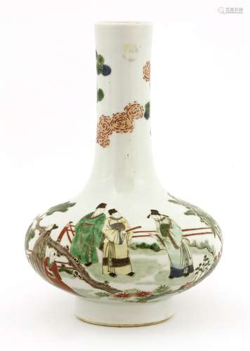 A Chinese famille verte vase,  19th century, of squat form with a tapering long neck on a raised ...