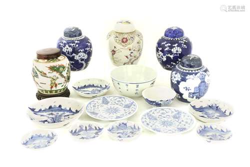 A collection of Chinese ginger jars and saucers, 19th/20th century, comprising three blue and white ...