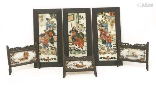 Two sets of Chinese reverse glass paintings, c.1900, one set with figures in a garden, 30 x 10.5cm, ...