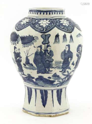 A Chinese blue and white vase, of octagonal form, painted in the late Ming style with an official ...