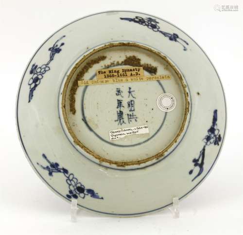 A Chinese blue and white dish, late Ming dynasty, the centre painted with chrysanthemum encircled ...
