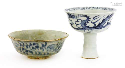 A Chinese blue and white bowl, Yuan dynasty (1279-1368), of shallow form with everted rim, the ...