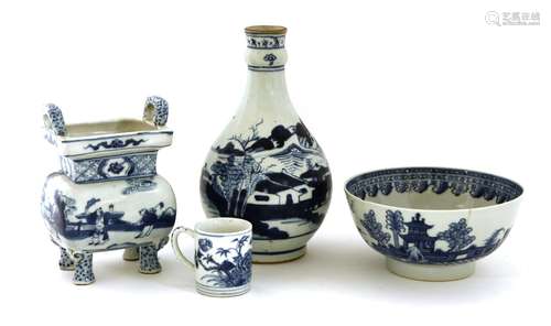 A collection of Chinese blue and white, 18th century, comprising a coffee cup, painted with peony ...