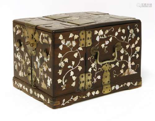 A Chinese wood toilet box, late Qing dynasty, inlaid with Eight Daoist Emblems in mother-of-pearl ...