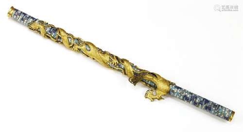 A Chinese cloisonné incense holder, Qing dynasty (1644-1911), of long cylindrical form with clouds ...