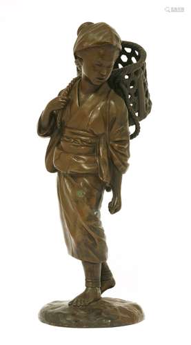 A Japanese bronze figure, Meiji period (1868-1912), of a girl in traditional clothes, walking with ...