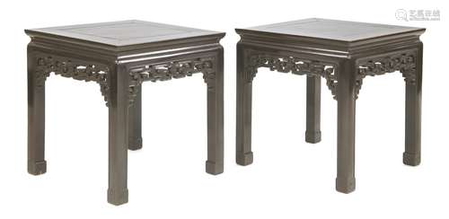 A pair of Chinese tielimu stools, 19th century, each of square form with a nanmu centre panel on ...