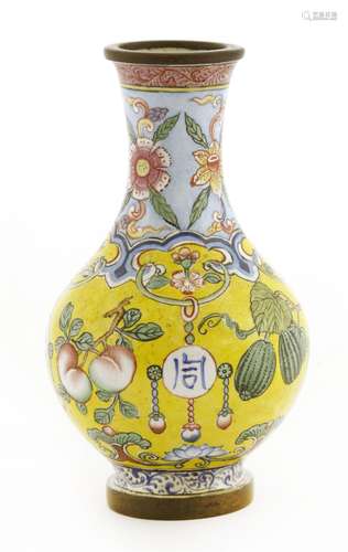 A Chinese enamelled bronze vase, Republic period (1912-1949), painted with peaches, pomegranates ...