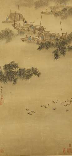 A Chinese hanging scroll, 20th century, painted with a feast being held under blossoming peach ...