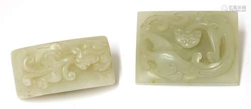 A Chinese jade belt hook, 20th century, of rectangular form, carved with a chilong in relief, 5.6cm ...