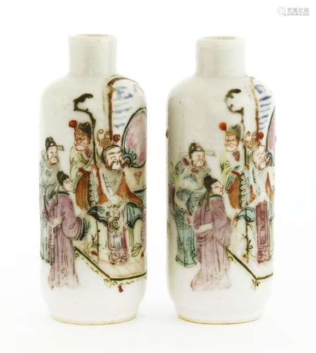 A pair of Chinese famille rose snuff bottles, each painted with Fu, Lu, Shou and other figures in a ...