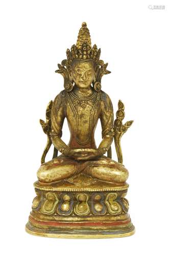 A Chinese bronze buddha, 18th century, seated cross-legged on a double lotus pedestal, wearing an ...