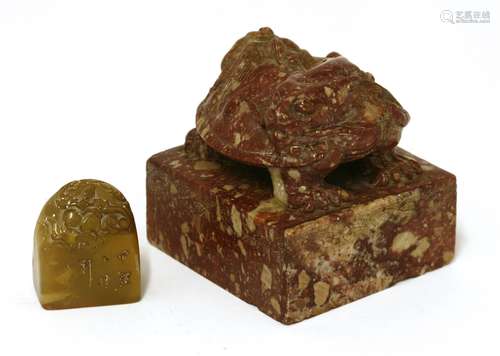 A Chinese soapstone seal,  Qing dynasty (1644-1911), of a bixi standing on a square plinth, the ...