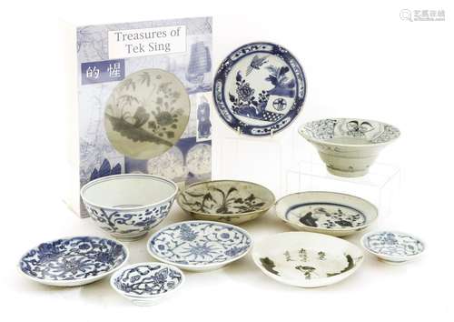 A collection of Chinese blue and white, Wanli and later, comprising: four saucers with lotus, four ...