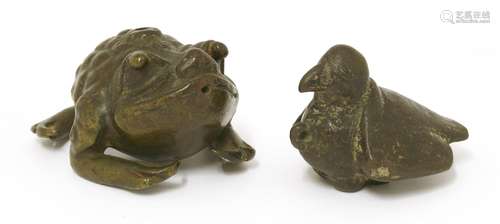 A Chinese bronze water-dropper, of a three-legged toad, 8cm long, and a bronze model of a bird ...