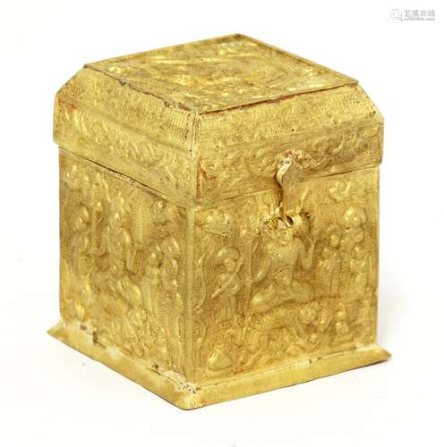 A Chinese gold box and cover, of square form, each side decorated with a bodhisattva with a spear ...