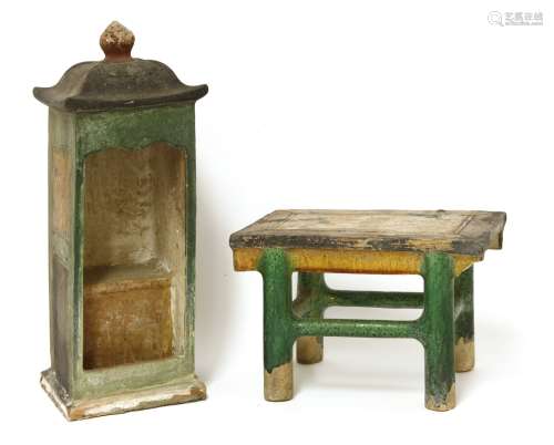 Two Chinese earthenware furniture models, Ming dynasty (1368-1644), both under a green and amber ...