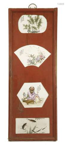 A pair of Chinese wooden hanging panels, 20th century, each inset with four shaped porcelain ...