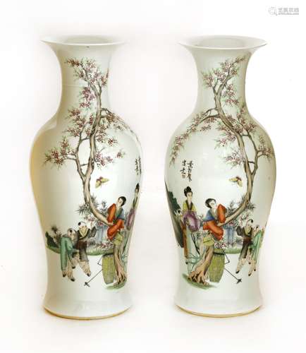 A pair of Chinese famille rose dowry vases, Republic period (1912-1949), each of baluster form with ...