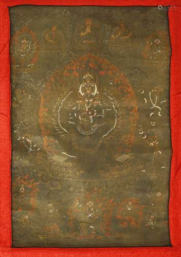 A Tibetan thanka, early 20th century, painted with Chakrasamvara and Vajravarahi standing on a ...