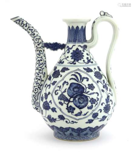 A Chinese blue and white ewer, Daoguang (1821-1850), in the Ming style, painted with a fruiting ...