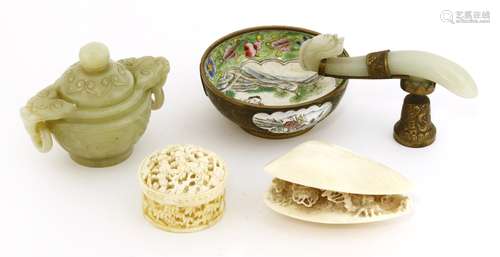 A collection of Chinese miscellaneous, 19th/20th century, comprising: a jade censer with cover, ...