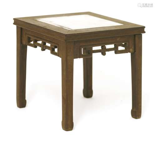 A Chinese wood stand, 20th century, in the shape of a miniature table, the square top inset with ...