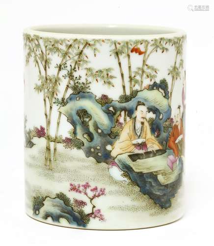 A Chinese famille rose brush pot, possibly Republic period, of cylindrical form, painted with a ...