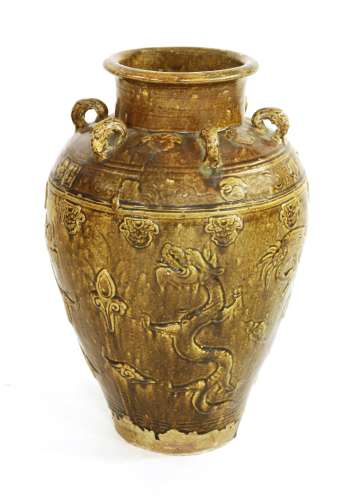 A Chinese martaban jar, with moulded dragons and cranes, under a band of florets, the shoulder with ...