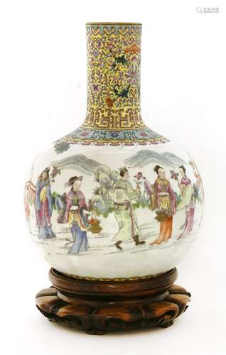 A Chinese famille rose vase, 20th century, of globular form, painted with figures in a garden, each ...