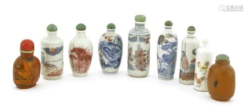 A collection of Chinese snuff bottles, 19th-20th century, comprising: five underglaze blue and ...