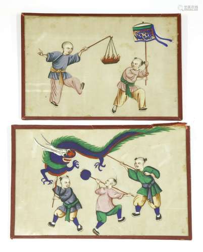 A collection of Chinese pith paper paintings, c.1900, comprising four with figures from traditional ...