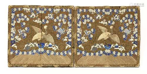 A pair of Chinese rank badges, Qing dynasty (1644-1911), of the eighth civil rank, with a quail in ...